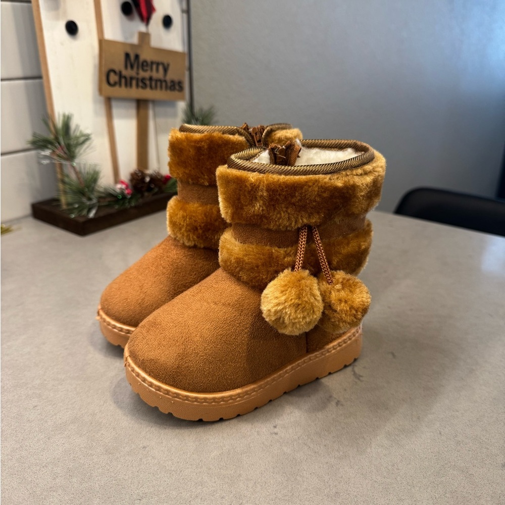 Cozy Brown Kids Boots with Pom Poms